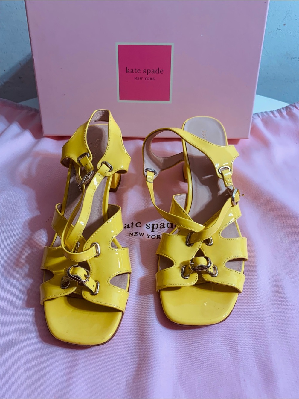 kate spade Yellow Patent Strappy Mid-Heel Sandals